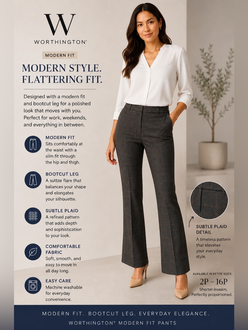 Worthington Charcoal Gray Subtle Plaid Bootcut Pants